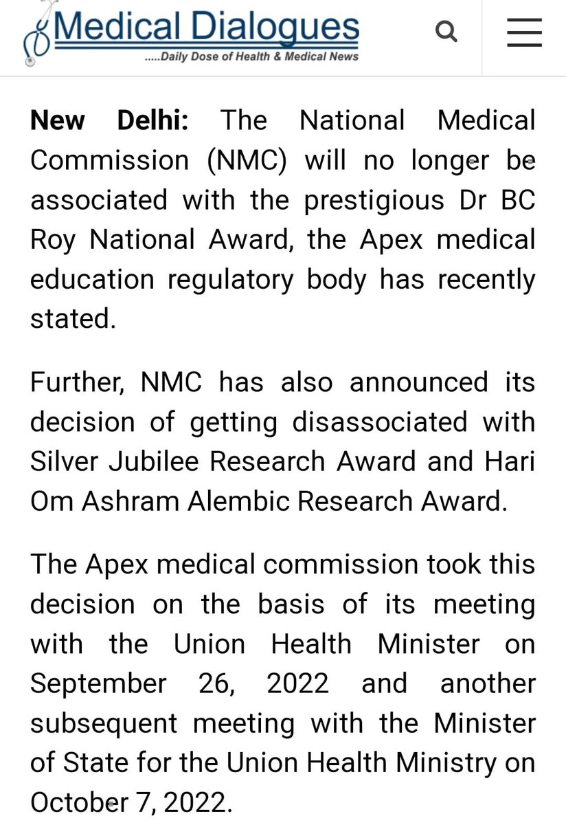 DrRohanKrishna3's tweet photo. Its sad tha the contributions of Dr B C Roy is not being honoured by @NMC_IND  &amp; the contributions of doctors are not being acknowledged by @MoHFW_INDIA .
This is very sad that this highest order of award of medical research and excellence given by President is been withdrawn! https://t.co/xmRmpnZIra