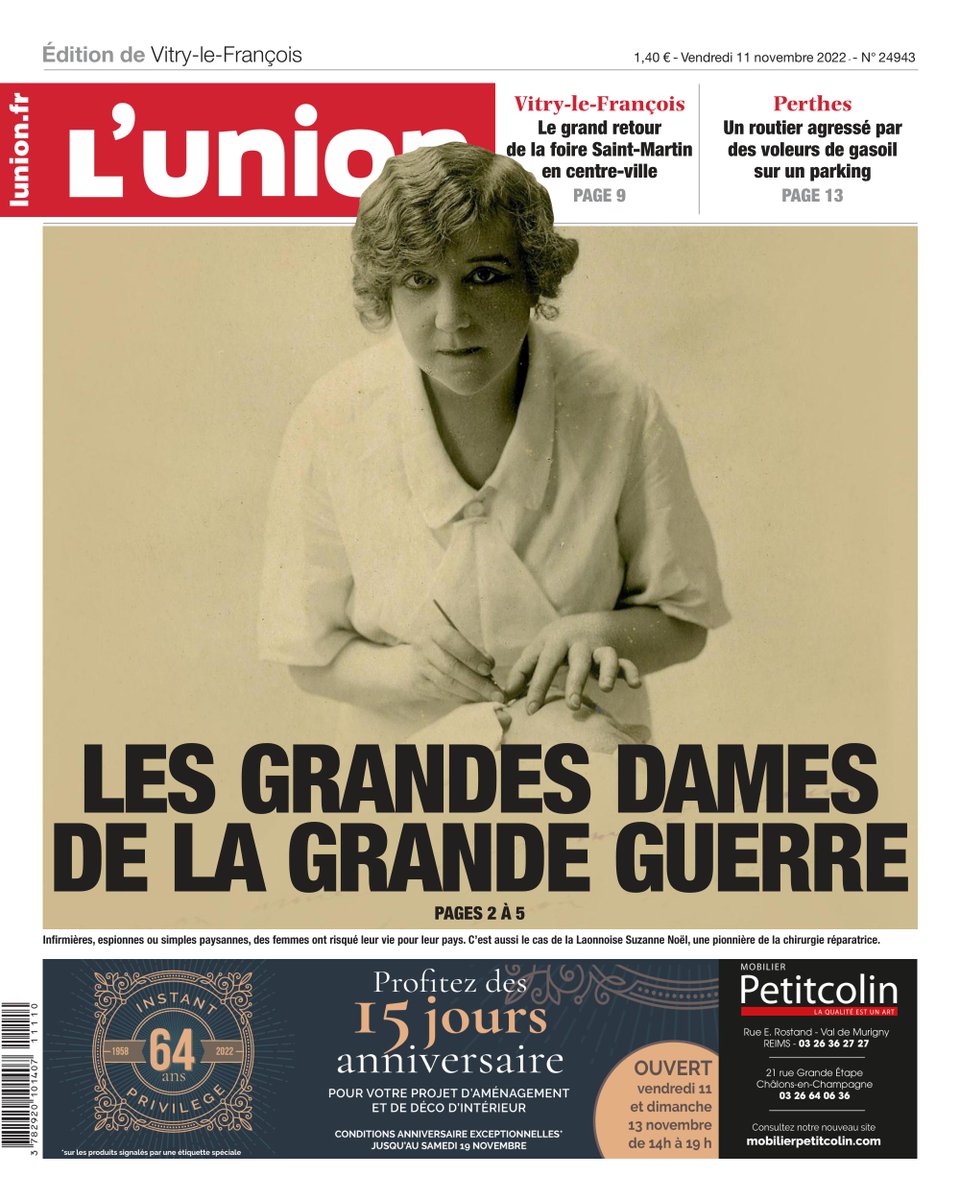 À la Une des éditions de la #Marne ce vendredi : Les grandes dames de la Grande Guerre
#Reims #Chalons #Vitry #Epernay
➡ journal.lunion.fr