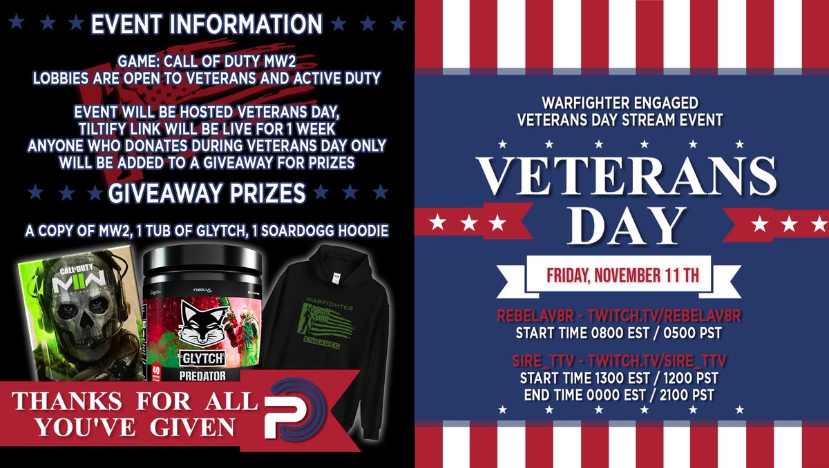 Tomorrow!! Friday November 11th Veterans Day! Join @RebelAV8R and <a href="/SIRE_TTV/">SIRE_TTV</a> and let’s raise some funds for <a href="/WFEngaged/">Warfighter Engaged</a> ! Starting at 08:00 est! Some cool prizes to be won! All the details are down below! 👇