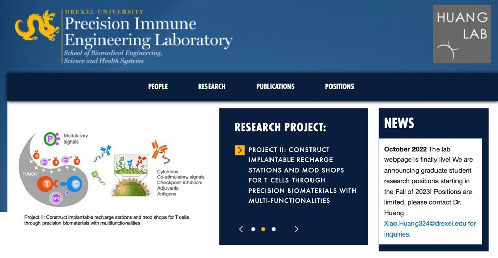 Our Precision Immune Engineering Lab website is finally live 🍾🎆 We are recruiting MS and PhD students!! Pls check our website if you are interested in therapeutic T cell engineering and send an inquiry to me with a CV👇👇 biomed.drexel.edu/labs/huang/