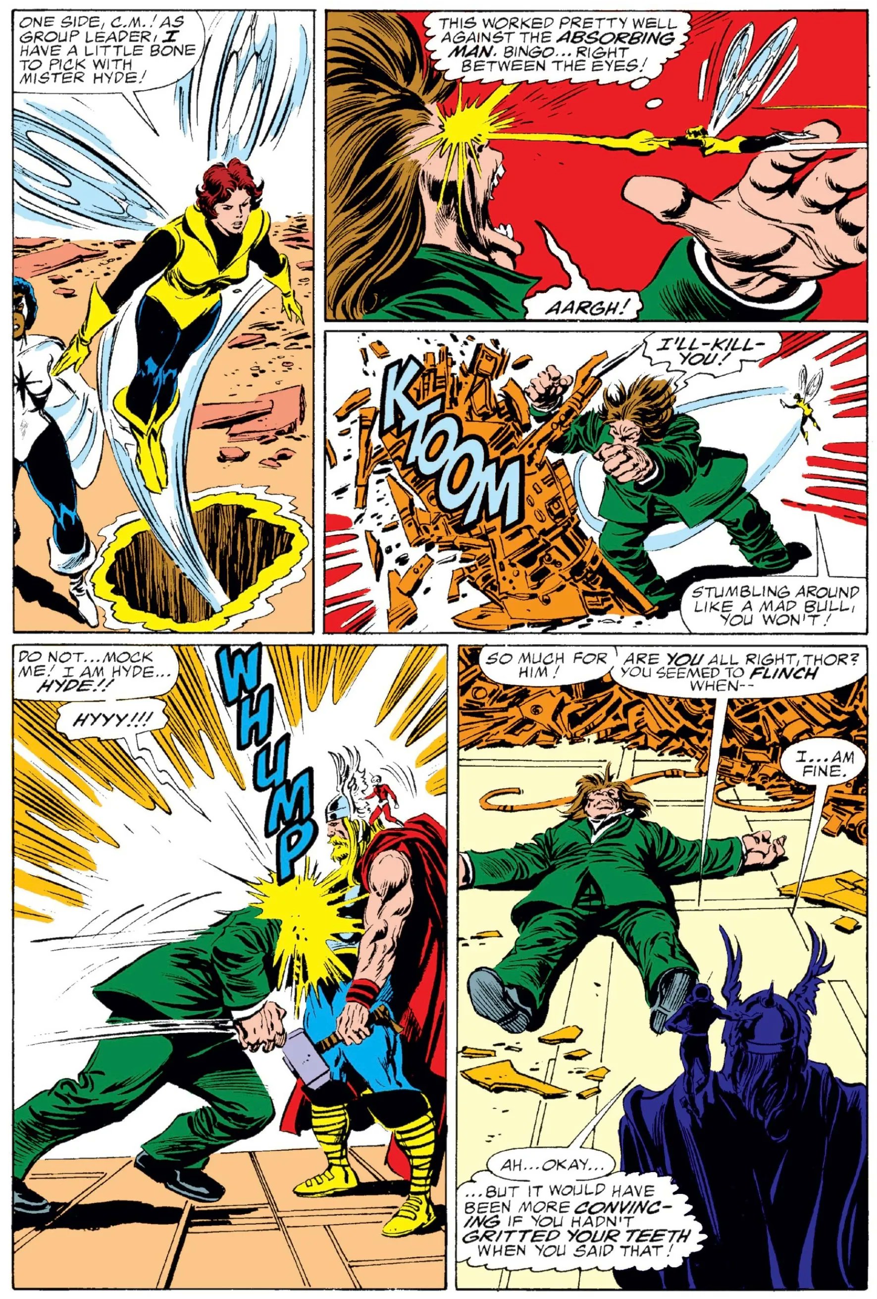 Marvel Daily Art on Twitter: "The Wasp, Captain Marvel, and Thor emerge  from a hole underneath the mansion, and Wasp and Thor team up to knock out Mister  Hyde! But Thor winces