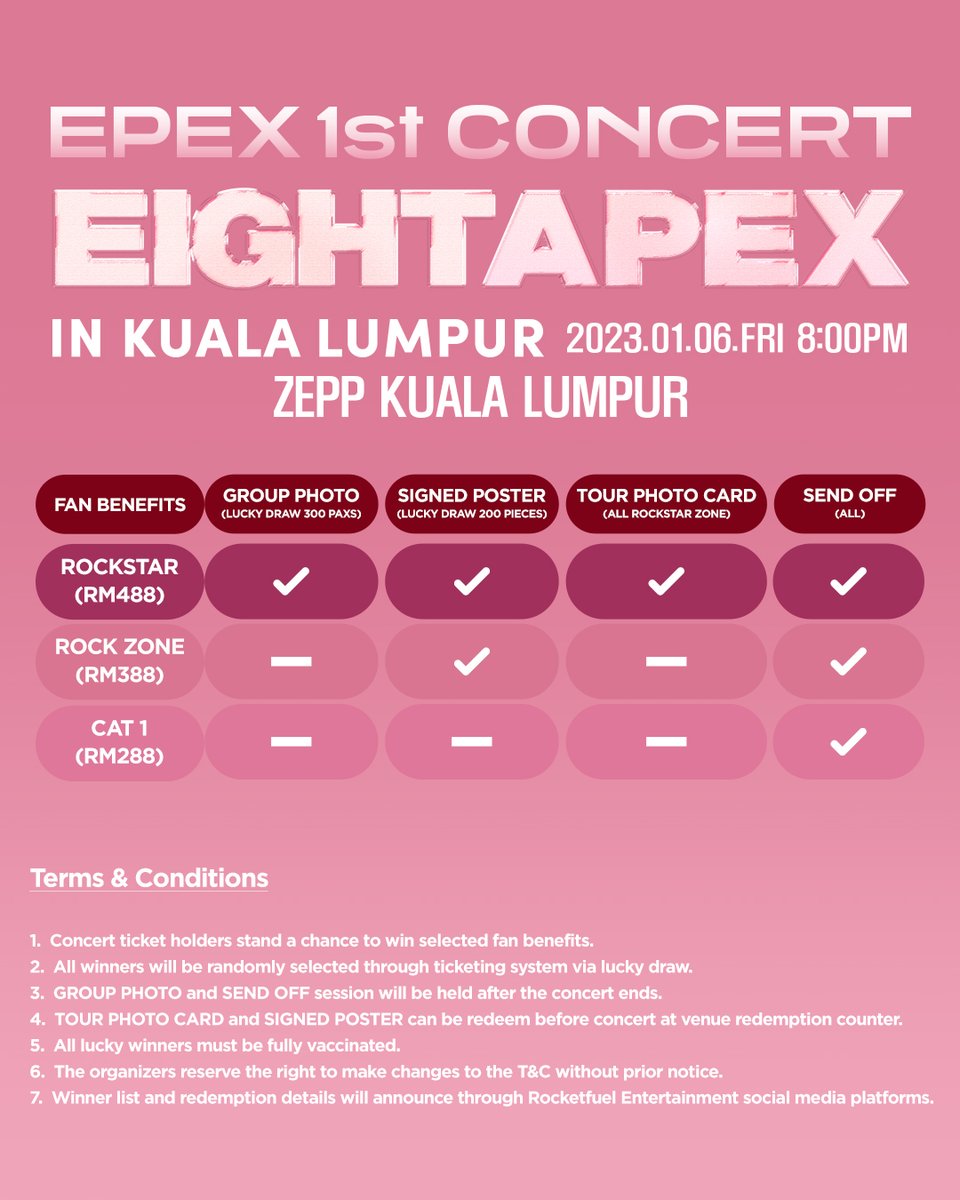 rocketfuelent's tweet photo. ❗Concert Ticket On Sales Details❗

Date : 18.11.2022
Time : 12PM
Ticket price : ROCKSTAR RM488, ROCKZONE RM388, CAT 1 RM288 (Ticket price exclude RM4 processing fee)
Ticketing website : https://t.co/Uvcubz3Gjv

@the_EPEX @by_EPEX https://t.co/RCg83bs5GS