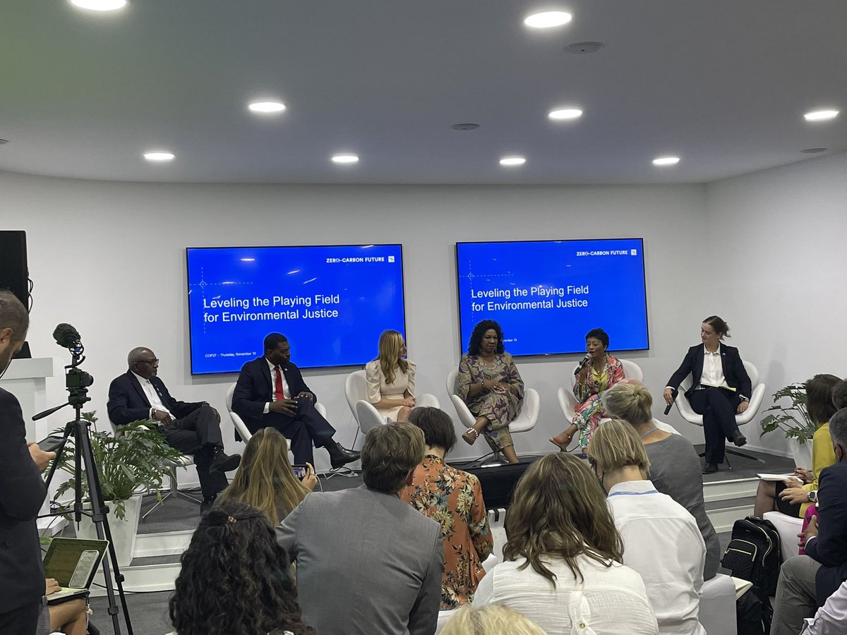 AdridEmilyCOP27's tweet photo. Heard from a few climate and EJ leaders at the first ever Blue Zone Climate Justice Pavillion at #COP27. @BullardCenter @DSCEJ @weact4ej @EPAMichaelRegan @algore https://t.co/f7c2vlOjkK