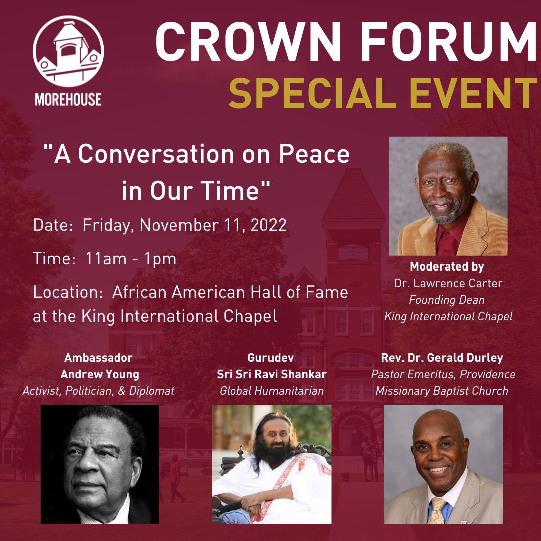 Join us tomorrow at 11am in King Chapel for a moderated dialogue on the topic of peace between global humanitarian <a href="/SriSri/">Gurudev</a>, <a href="/AmbAndrewYoung/">Andrew Young</a>, #RevGeraldDurley, and Morehouse’s own Dean #LawrenceCarter.