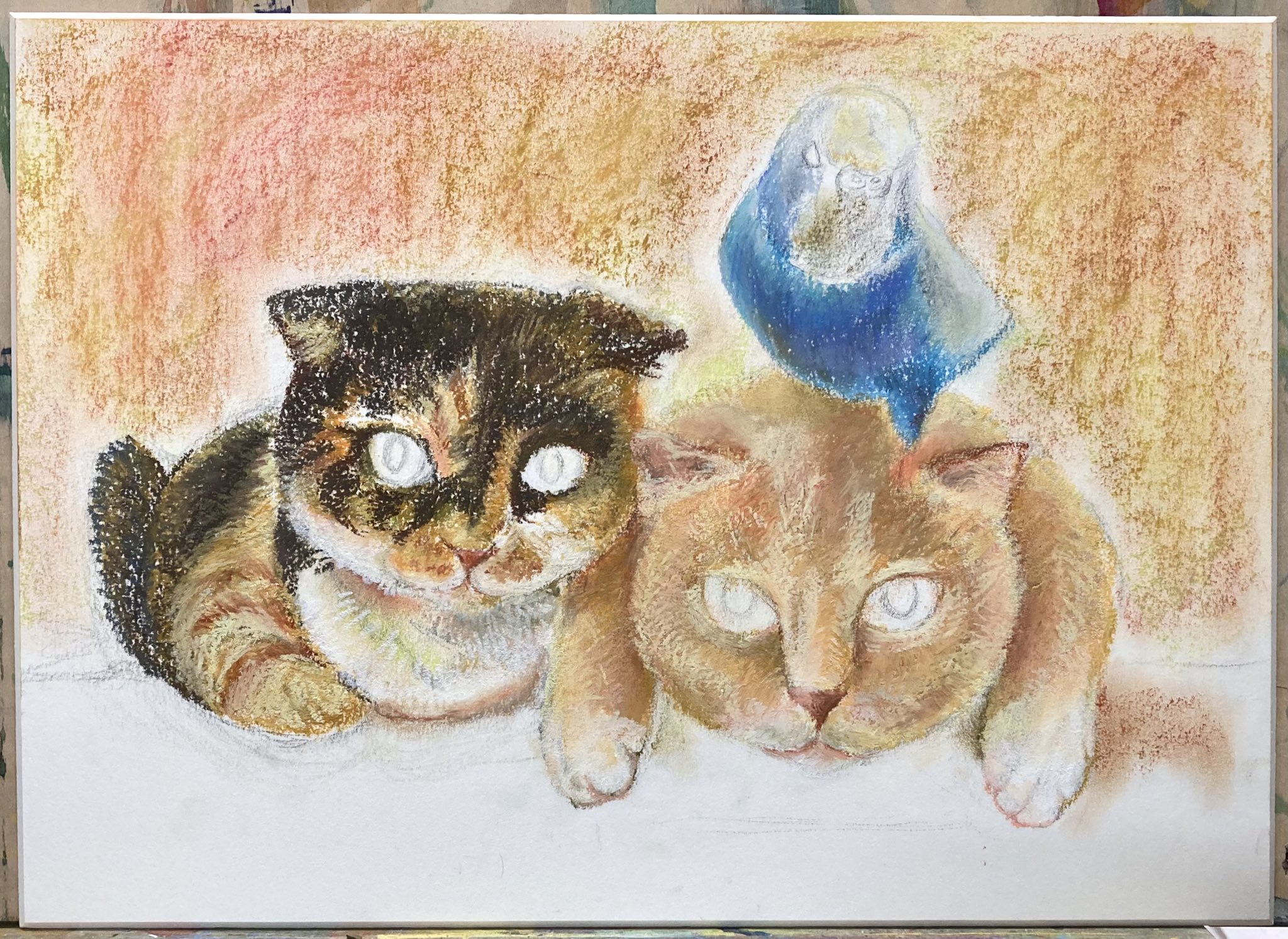 セキセイインコと猫　絵画 セキセイインコと猫 絵画