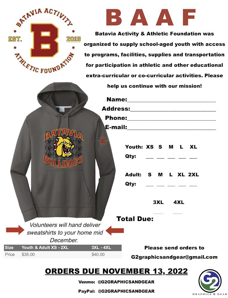 BHSBulldogsSB's tweet photo. The Batavia Activity &amp; Athletic Foundation is selling sweatshirts to help raise money to help families of need in Batavia. Great idea for a gift to any Bulldog Fan.
BAAF helps support kids of all ages in our community!  Please consider supporting this organization. https://t.co/sA0ysq6plb