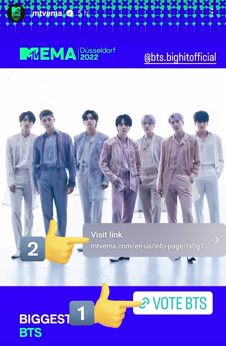 01Btsxarmy's tweet photo. 📢 | DAY 2 VOTING for MTV EMA's "BIGGEST FANS" has started already on Instagram! 

How to vote? 
‼️ Unlimited voting 
1. Go to MTV EMA IG stories:
  🗳️:https://t.co/A4eNqAQZT8
2. Click "Vote BTS"
3. Tap "Visit Link" 
4. Vote confirmation 

Fighting ARMY! ✊ https://t.co/Mg66VYLg3G
