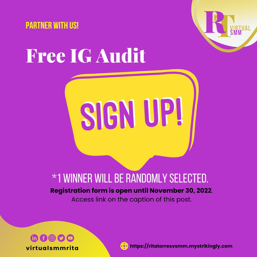 virtualsmmrita's tweet photo. 🎉RTvsmm wants to help and share our expertise with you. This month, we are happy to give a FREE IG Audit to one (1) winner to join; sign up here https://t.co/wKchQWXWFv
🤩To be updated on this kind of freebies 📲follow me on  my socials: https://t.co/ZajqS6bo2N
#rtvsmm #IGAudit https://t.co/0O4aeHzjdn