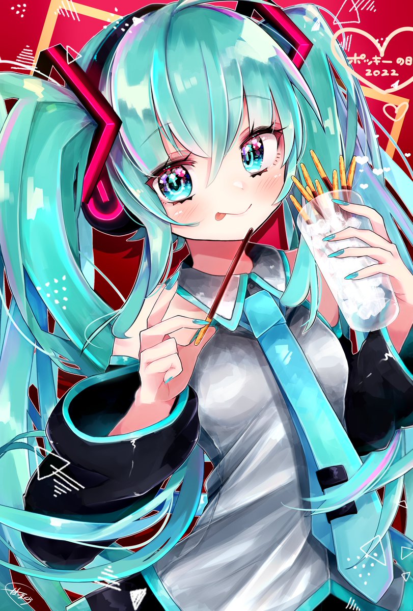 hatsune miku 1girl necktie solo pocky long hair twintails food  illustration images