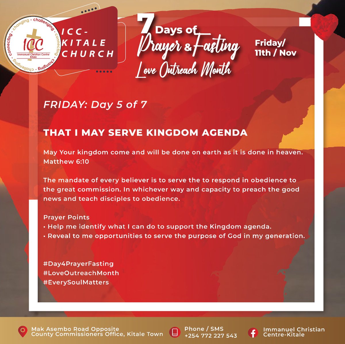 icc_kitale's tweet photo. FRIDAY: Day 5 of 7

THAT I MAY SERVE KINGDOM AGENDA

May Your kingdom come and will be done on earth as it is done in heaven.
Matthew 6:10

#Day4PrayerFasting
#LoveOutreachMonth
#EverySoulMatters https://t.co/giT5zZaIUt