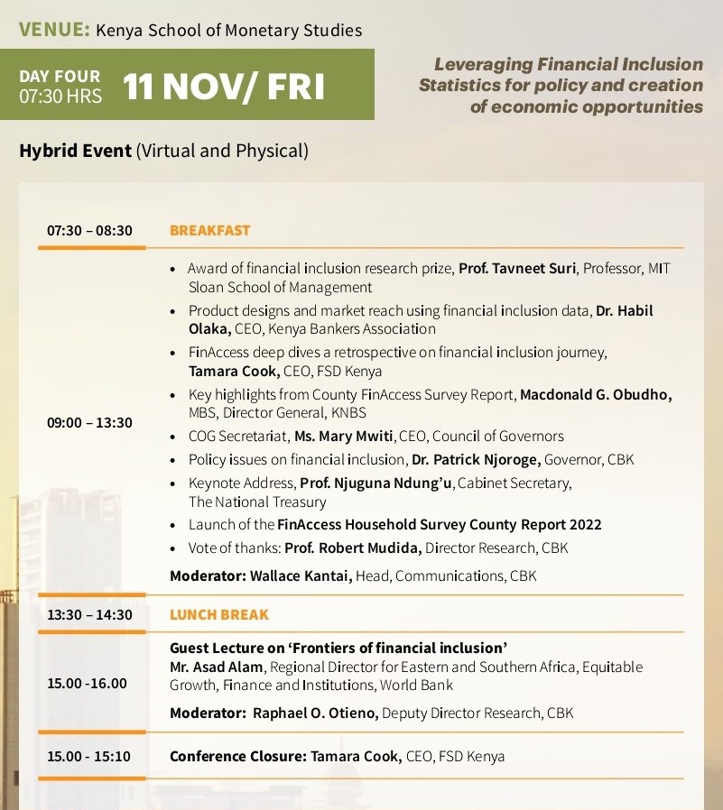 KNBStats's tweet photo. Welcome to final day of #FinancialinclusionConference Tune in for key highlights from the County FinAccess Survey by @KNBStats, Policy issues on #FinAccess by @CBKKenya &amp;many more. Follow online via https://t.co/opN6mfjAOM @FSDKe #Financialinclusion https://t.co/67V68jNuj7