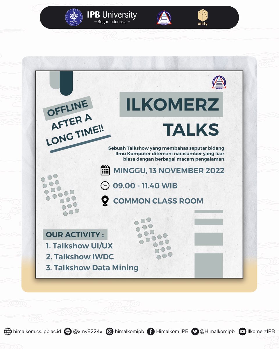 Ilkomerz Talks (iTalks) dilaksanakan offline pada Minggu, 13 November 2022.

iTalks kali ini akan membawakan tiga topik, yaitu:
1. UI/UX 101: A Guide to be a UX Researcher
2. Junior Web Dev 101: A Guide to Web Developer Work Life
3. Daming: A Prospective Future in Data Mining