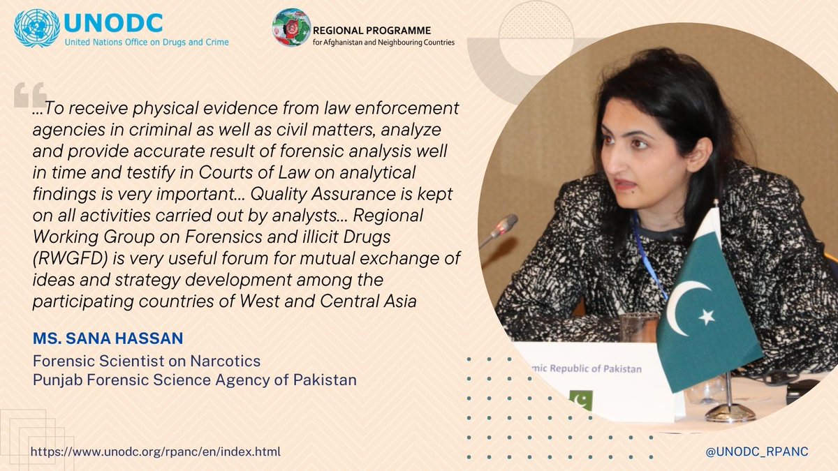 During the discussion at the Regional Working Group Meeting on Forensics &amp; Drugs 8-9 Nov, Astana by <a href="/UNODC_RPANC/">Regional Programme for Afghanistan and NC</a>,  supported by 🇮🇹. Ms Sana Hassan, Forensic Scientist on Narcotics, Punjab Forensic Science Agency 🇵🇰 commented 👇.. 
<a href="/CARICC_2018/">CARICC</a>