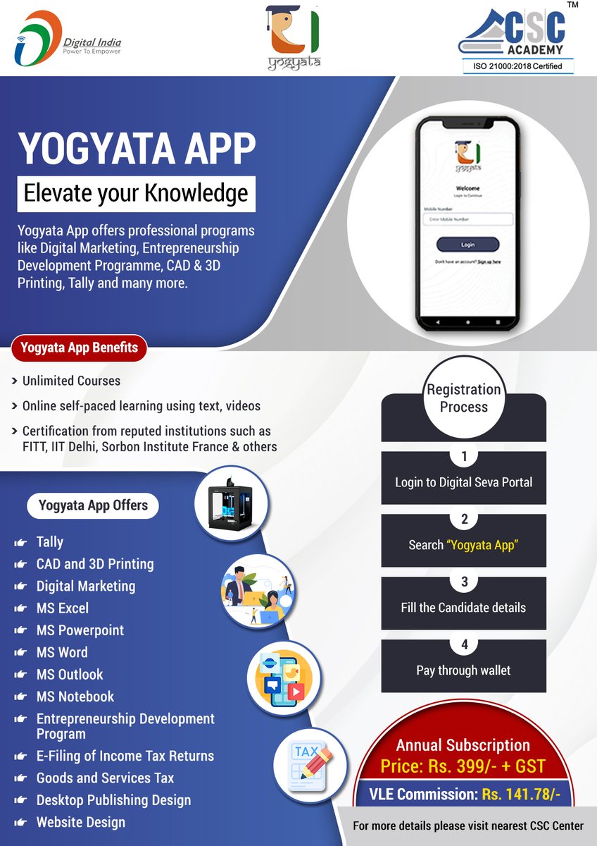 CSCegov_'s tweet photo. YOGYATA APP - Elevate your Knowledge...
#YogyataApp offers professional programs like Digital Marketing, Entrepreneurship Development Programme, CAD & 3D Printing, #Tally & more.
Annual Subscription Price: Rs. 399/- + GST, For more details please visit the nearest #CSC Center. https://t.co/sT6zXWPgi7