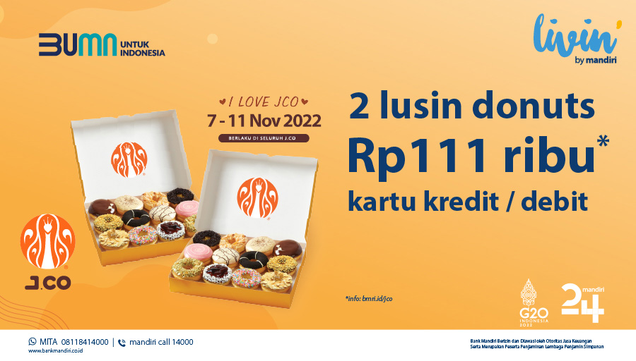 Makan di JCO ditemenin promo spesial I Love JCO jadi makin hemat deh! Cuma bayar Rp111 ribu pakai #MandiriDebit atau #MandiriKartuKredit udah bisa dapet 2 lusin donat enak.

Promo berlaku hingga 11 November 2022. Info selengkapnya, klik bmri.id/jco

#mandiripromo