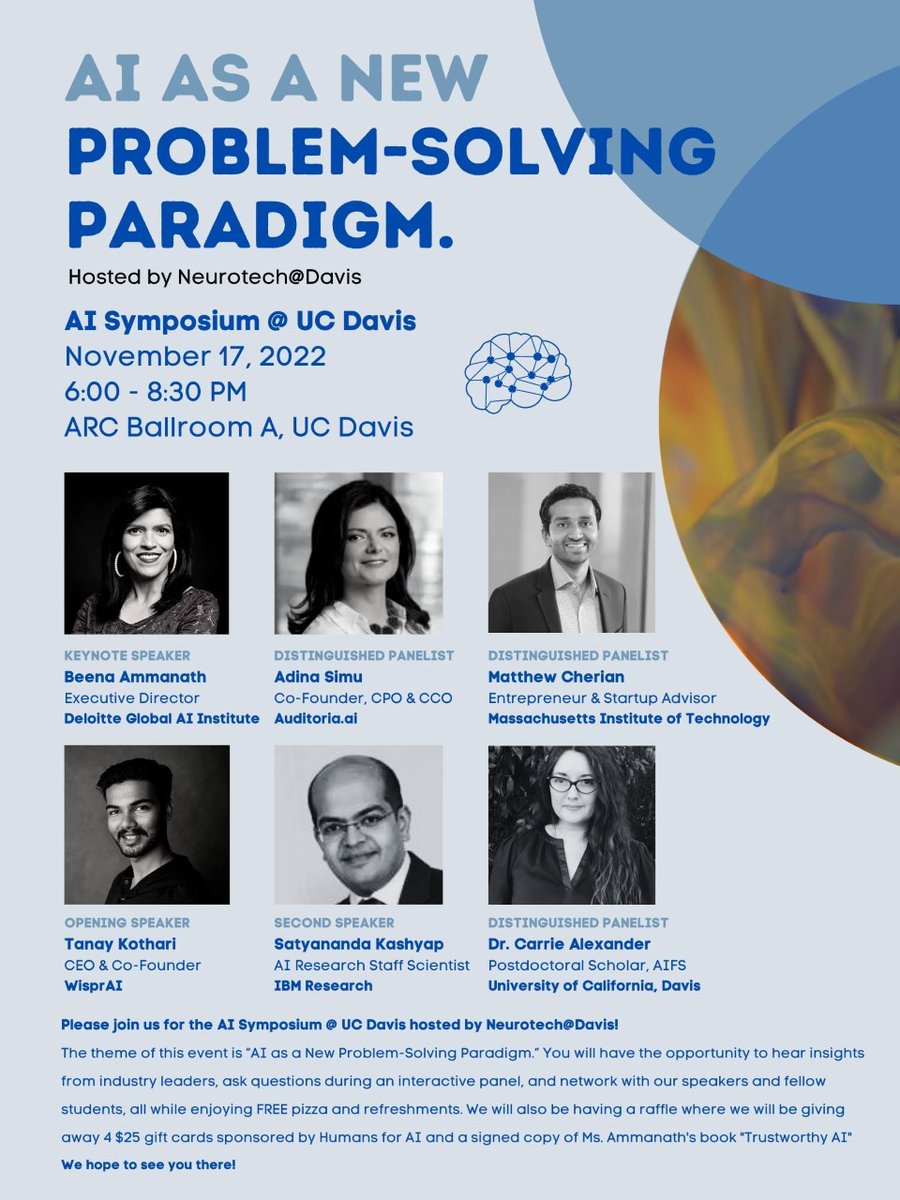 The Neurotech@Davis student club invites the community to the AI Symposium they are organizing on Nov 17. Kudos to the students, led by student club leaders Ankita Chatterjee (president) and Anirudh Murugesan for an excellent program! 
<a href="/UCDavisCOE/">UC Davis College of Engineering</a> <a href="/UCDLandS/">UC Davis Letters and Science</a>