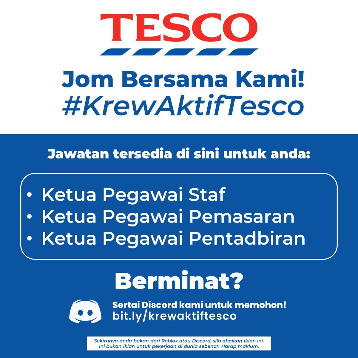 Kami sedang mencari orang baru bagi memenuhi jawatan 🎯 Lembaga Pengarah. Ini adalah peluang terhad. Sertailah kami bina kerjaya anda 📊 hari ini dengan Tesco! 🏪

• KPS
• KPP
• KPP

Sertai Discord kami sekarang untuk memohon!: bit.ly/krewaktiftesco

#rosupermarket #rodev