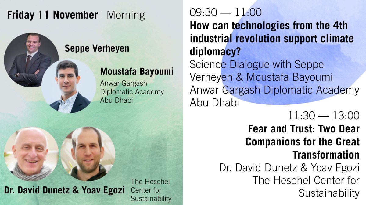Freitag 11 Novmber #COP27 Welcome to reflect with us.

9.30 - 11.00
How can technologies from the 4th industrial revolution support climate dimplomacy?

11.30 - 13.00
Fear and Trust: Two Dear Companions for the Great Transformation

#CCRDS #ReflectCOP
iass-potsdam.de/de/CCRDS
