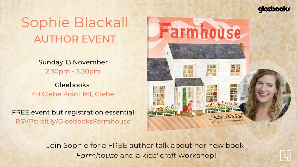 Join @SophieBlackall at @Gleebooks this weekend as she takes us behind the scenes of her new picture book #Farmhouse – and then kids can get crafty themselves making Farmhouse inspired collage! It’s a FREE event but RSVPS are essential for materials: bit.ly/GleebooksFarmh…