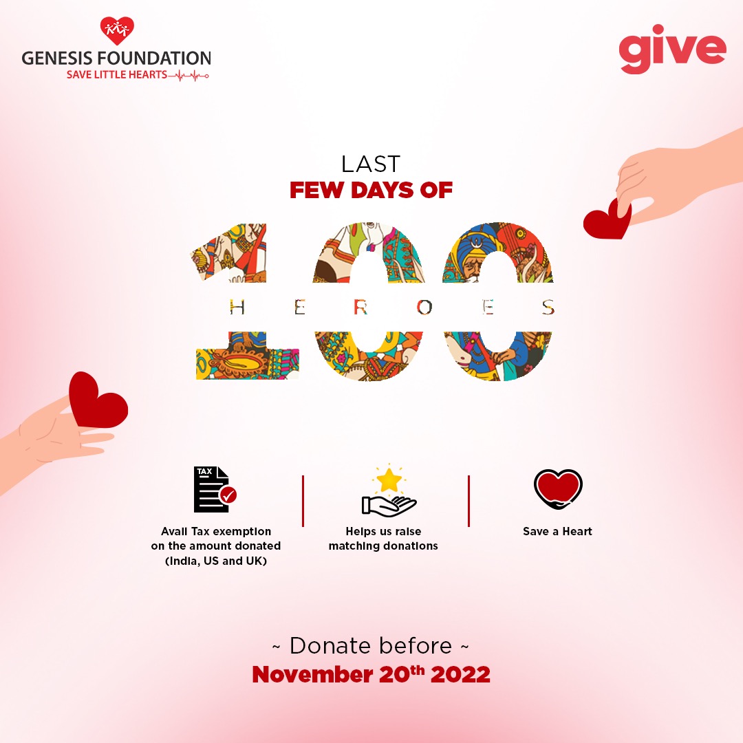 The Give India 100 Heroes fundraising campaign is in it's last leg, as donations close on 20th November. Continue to support us and to #SaveLittleHearts donate an amount of your choice at give.do/nonprofits/gen… because it’s the intention to help that matters most.