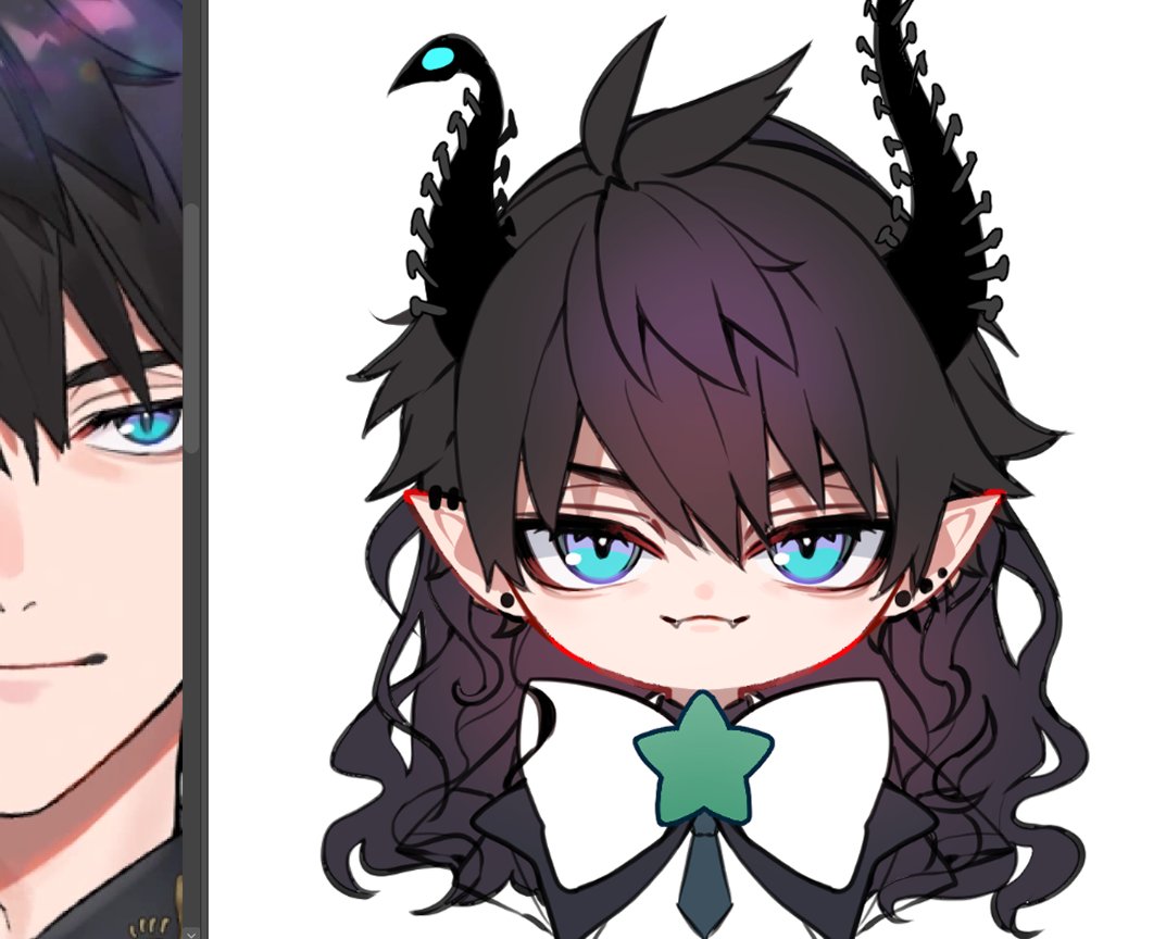 1boy blue eyes pointy ears horns male focus black hair looking at viewer  illustration images