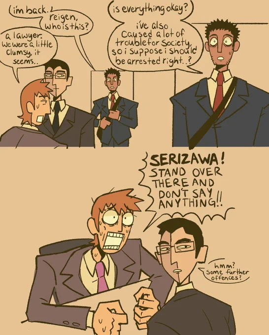 i love this one part of that omake where serizawa almost tells a lawyer he used to be a terrorist while reigen is trying to get his ass not sued specifically #mobpsycho100 #mp100 
