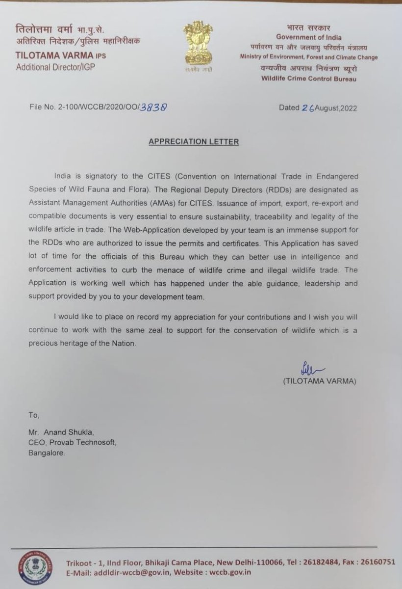 PROVABTECH's tweet image. The Ministry of Environment recognises the efforts of PROVAB for the development of process automation application. Tilotama Varma, ADGP - Wildlife Crime Control Bureau wrote a letter of appreciation to PROVAB. 

#CSR #provab #corporate #social #india