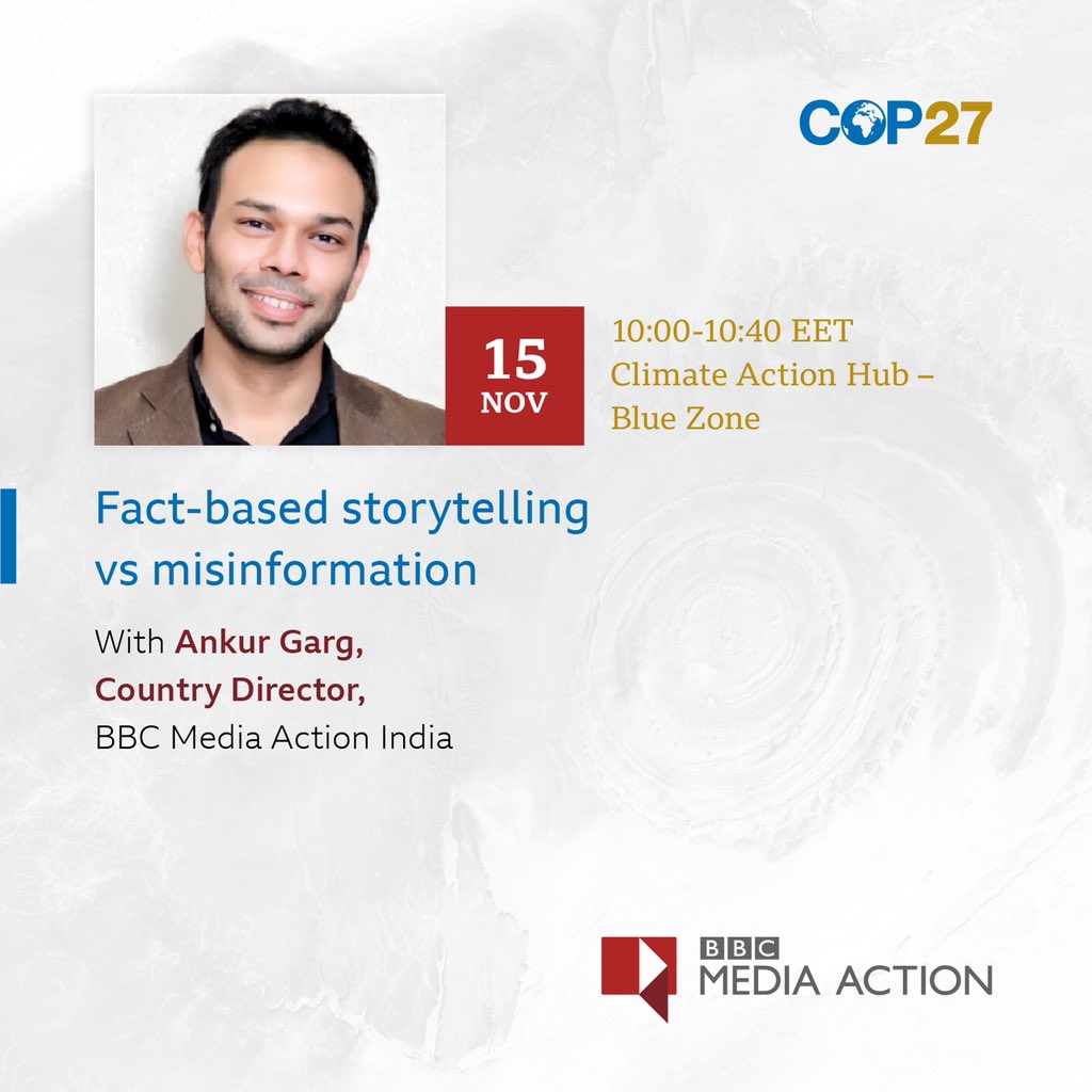Ankur Garg (@gargalal) on Twitter photo Please join my panel at COP27 with <a href="/MarshaLulu/">Marsha Lulu</a> Peter Okwoche <a href="/BBCAcademy/">BBC Academy</a> on Fact-based storytelling vs misinformation for climate change. Tuesday, 15th November, 10am EET at Climate Action Hub in the Blue Zone. Please join my panel at COP27 with <a href="/MarshaLulu/">Marsha Lulu</a> Peter Okwoche <a href="/BBCAcademy/">BBC Academy</a> on Fact-based storytelling vs misinformation for climate change. Tuesday, 15th November, 10am EET at Climate Action Hub in the Blue Zone.