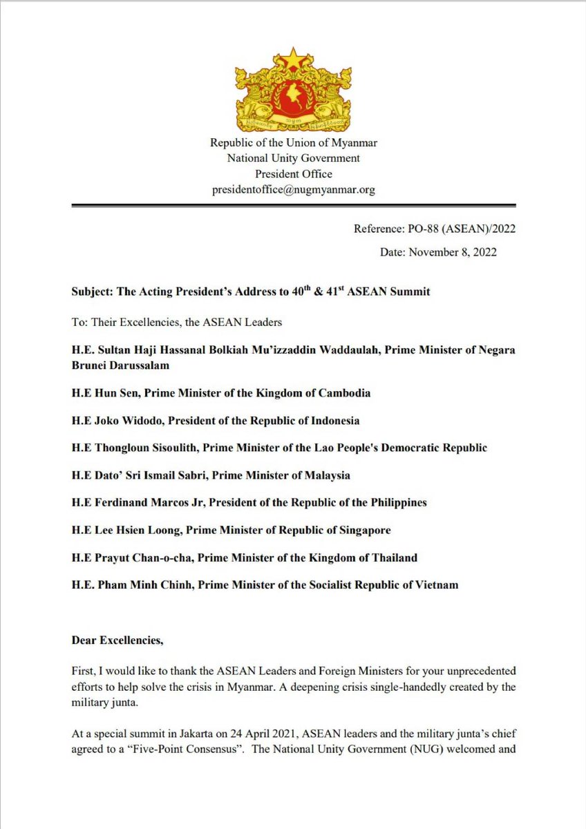 NUGMyanmar's tweet photo. "NUG &amp; partners have prepared a roadmap for Myanmar’s future. It is based on #RuleOfLaw, #Democracy, peace,a commitment to an inclusive #Myanmar that supports and protects all its peoples including Rohingya. We ask you to support this roadmap in the interest of our entire region" https://t.co/41Q1CqrVQw