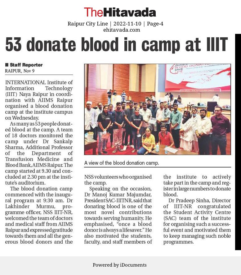 NSS IIIT Naya Raipur (@nss_iiitnr) on Twitter photo 53 donate blood in camp at IIIT Naya Raipur. <a href="/askabir_/">A S Kabir कबीर</a> <a href="/ianuragthakur/">Anurag Thakur</a> <a href="/_NSSIndia/">NSS India</a> <a href="/NSSRDBhopal/">NSS Regional Dte. MP & CG</a> <a href="/NeetaBajpai5/">Neeta Bajpai</a> <a href="/nssptrsuCG/">NSS Pt. Ravishankar Shukla University</a> 53 donate blood in camp at IIIT Naya Raipur. <a href="/askabir_/">A S Kabir कबीर</a> <a href="/ianuragthakur/">Anurag Thakur</a> <a href="/_NSSIndia/">NSS India</a> <a href="/NSSRDBhopal/">NSS Regional Dte. MP & CG</a> <a href="/NeetaBajpai5/">Neeta Bajpai</a> <a href="/nssptrsuCG/">NSS Pt. Ravishankar Shukla University</a>