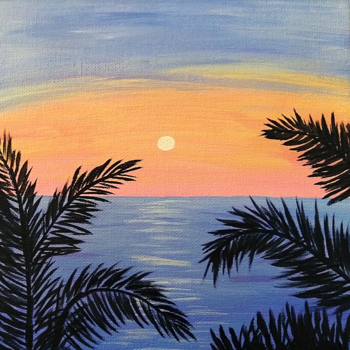 Palms at Sunset

I live in the Whitsundays Australia, we are surrounded by beautiful oceans. This is what inspired me with this one. Still learning, #beginnerartist #art #painting #acrylicpainting #oceanlandscape