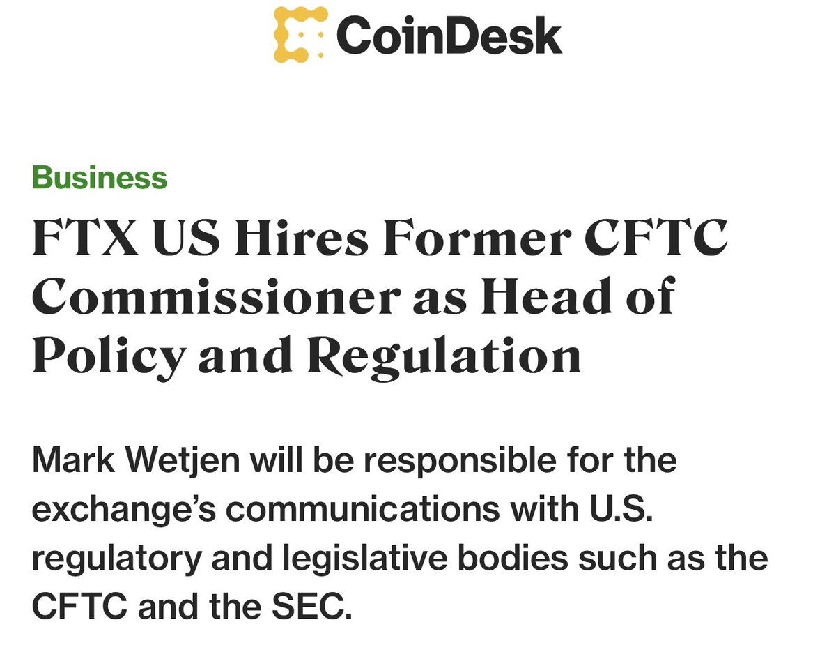 Last year, @FTX_Official acquired @ledgerx, which became @ftx_us_derivs

According to @LinkedIn, LedgerX CEO & Co-Founder, @zachdex, was on the CFTC Technology Advisory Committee from 2018-2020

CFTC approved LedgerX to be a futures clearing house in 2020

finance
