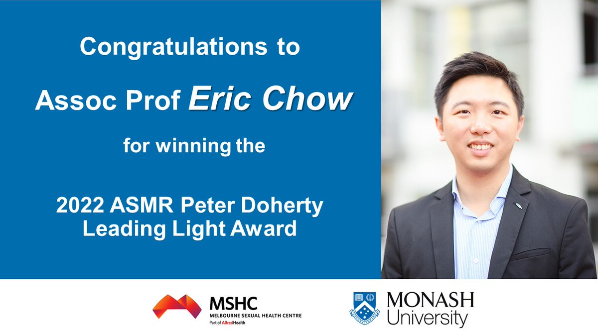 🎉Congratulations to our own Assoc Prof @EricPFChow for winning the @TheASMR1 Peter Doherty Leading Light Award at #ASMRNSC2022. This award recognises his work on male #HPV #vaccination. 
@AlfredHealth @MonashCCS @SHSOV @Alfred_Research