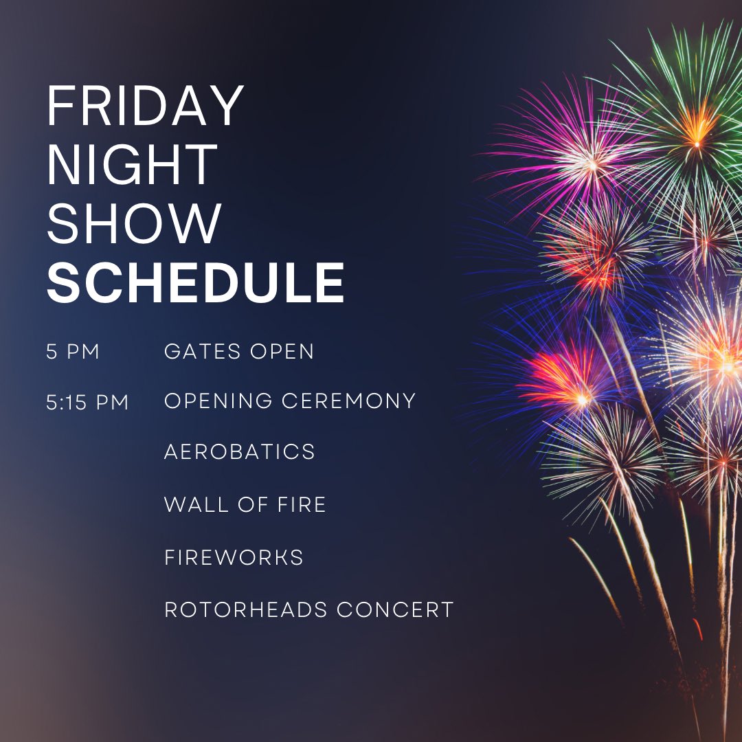 See you tonight at 5pm! Tickets are available online or at the gate. Includes beautiful, magical twilight air show performance, fireworks, the infamous Wall of Fire, and a concert by the Rotorheads! The concession area will be open. Details/tickets at: tickets.completeticketsolutions.com/SAS/Online/def…