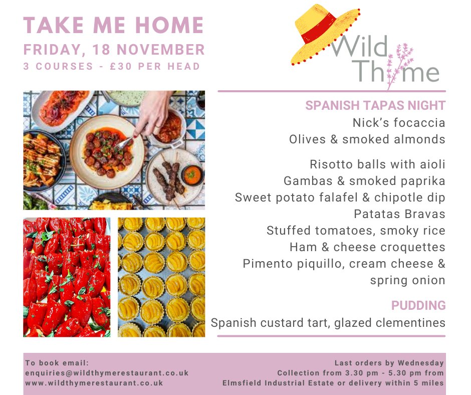 It's #Tapas for next week's Take Me Home - dreaming about hot sunny days with a chilled glass of vino and delicious tapas?  Then this is for you!  Email enquiries@wildthymerestaurant.co.uk #Spain #sunnyclimes #november #december #autumn #winter #chippingnortoninstead