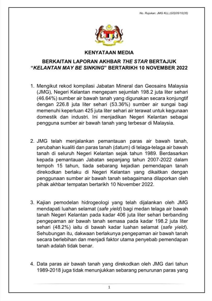 jmgmalaysia's tweet photo. Kenyataan Media oleh JMG berkaitan laporan akhbar The Star bertajuk :
'"KELANTAN MAY BE SINKING" BERTARIKH 10 NOVEMBER 2022
Jom Like, Follow, Share dan Comment ๐โ๐ผ
#groundwater
#JabatanMineraldanGeosainsMalaysia #KeTSA
#KeluargaMalaysia https://t.co/qXGl6jNb9B