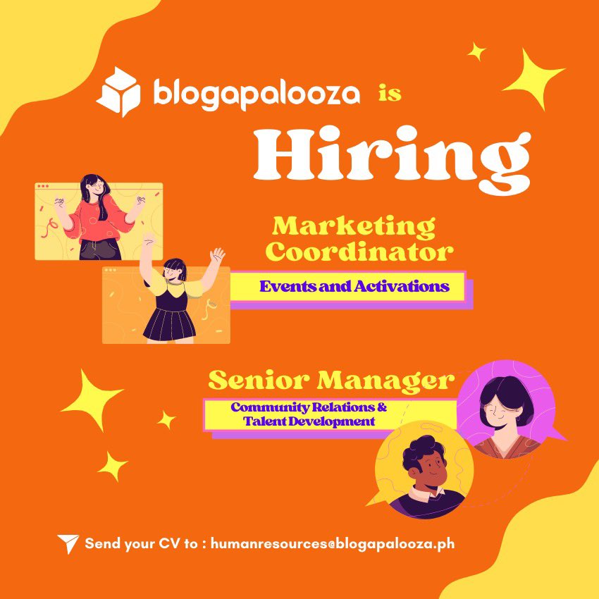 blogapalooza's tweet photo. It's time to join the coolest team in the #influencermarketing space!
Positions: Senior Manager for Community Relations & Talent Development, and Marketing Coordinator - Events & Activations
Send your resume to humanresources@blogapalooza.ph! π§‘
#mayopening #hiringnow https://t.co/4VgspKBnWy