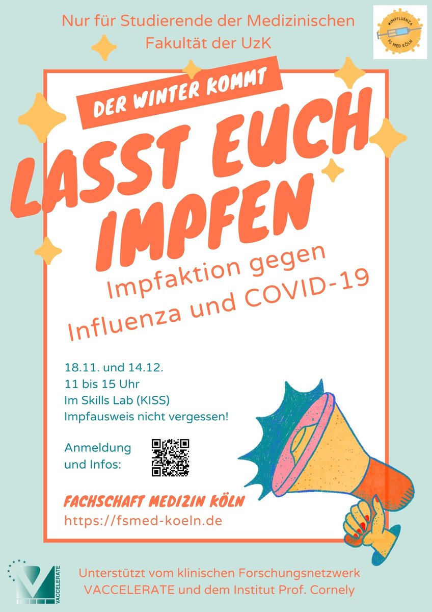 Super #Impfluenza Aktion der Fachschaft Medizin <a href="/UniCologne/">Universität zu Köln</a> <a href="/UKKoeln/">Uniklinik Köln</a> für Medizinstudenten aus #Köln: Lasst euch impfen gegen #COVID19 und #Influenza! Anmeldung: docs.google.com/forms/d/e/1FAI…