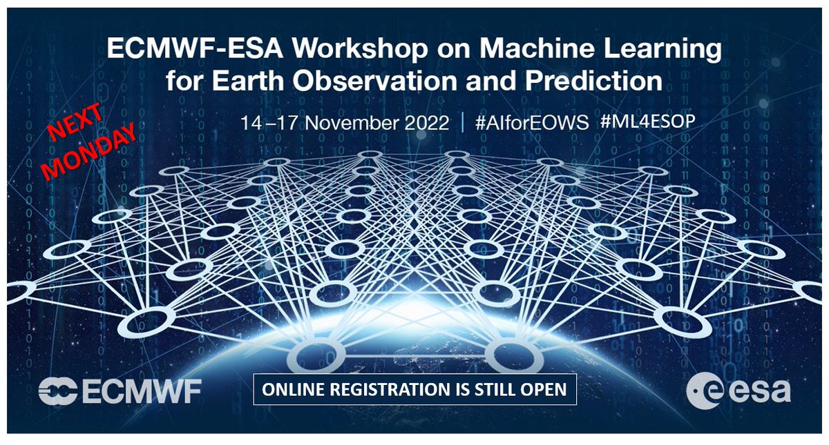 1/4 We are ready and looking forward to kicking off #ML4ESOP next Monday!

The opening will be livestreamed by @esa Web TV TWO 11:30 CET -> esa.int/ESA_Multimedia…

Virtual participation is still open: events.ecmwf.int/event/304/

#Philab #AI4EO #AIforEOWS