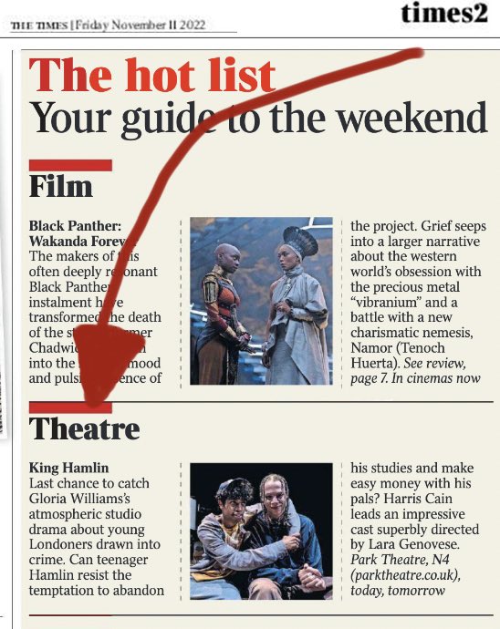 Thank you  <a href="/thetimes/">The Times and The Sunday Times</a> #KingHamlin by <a href="/osilua/">Gloria Williams - Award winning Playwright</a> directed by <a href="/LaraGenovese/">Lara Genovese</a> <a href="/Naiad_Prod/">Naiad Productions</a> <a href="/ParkTheatre/">Park Theatre</a>
￼
Closes this Saturday Nov 12! Book your tickets!
parktheatre.co.uk/whats-on/king-…