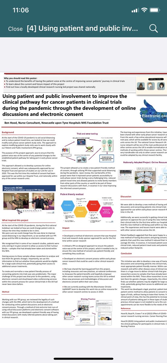 🗣Real honour to be presenting our poster 🗣Using patient and public involvement to improve the clinical pathway for cancer patients in clinical trials during the pandemic through the development of online discussions and electronic consent project 🗣at #UKONS2022. 🌃 Poster #4