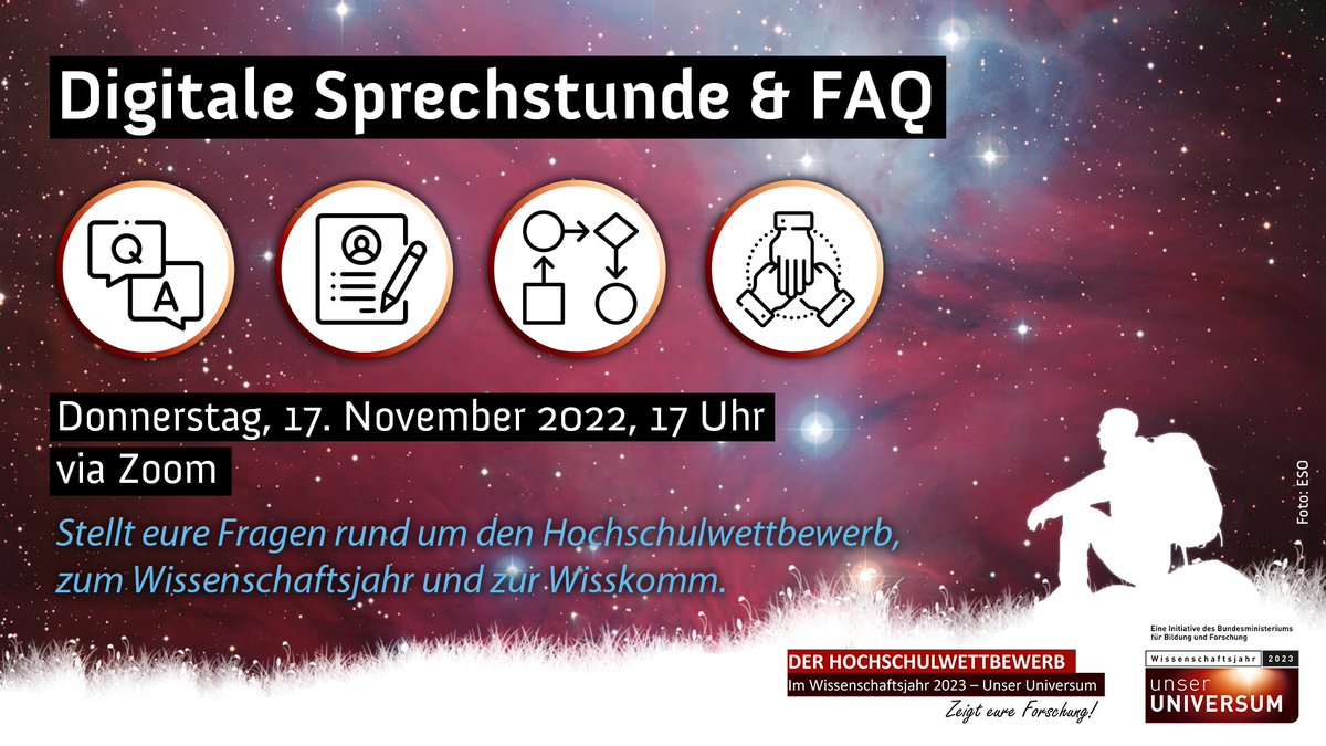 Wissenschaft im Dialog (@wissimdialog) on Twitter photo Liebe Nachwuchswissenschaftler*innen, am 17. November könnt ihr uns mit euren Fragen zum Hochschulwettbewerb löchern. Erfahrt alles über das <a href="/w_jahr/">Wissenschaftsjahr</a> 2023 – Unser Universum und zur Bewerbung beim #HSW23. Wir freuen uns auf euch!
hochschulwettbewerb.net/2023/blog/digi…
#Wisskomm Liebe Nachwuchswissenschaftler*innen, am 17. November könnt ihr uns mit euren Fragen zum Hochschulwettbewerb löchern. Erfahrt alles über das <a href="/w_jahr/">Wissenschaftsjahr</a> 2023 – Unser Universum und zur Bewerbung beim #HSW23. Wir freuen uns auf euch!
hochschulwettbewerb.net/2023/blog/digi…
#Wisskomm