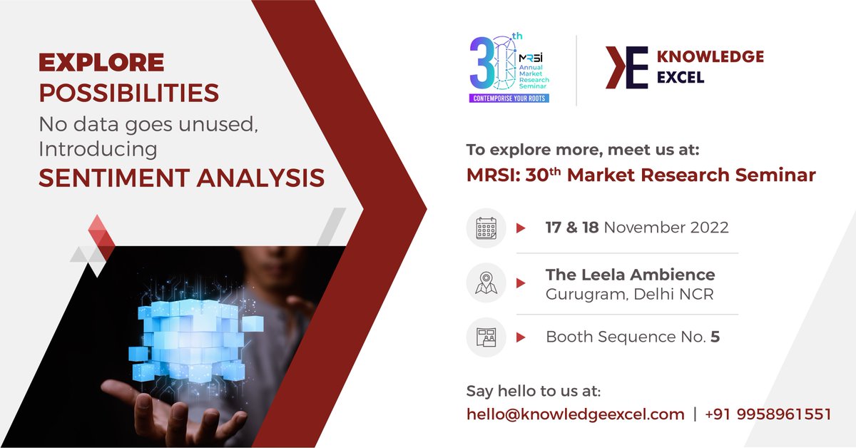 Ever wondered if we could capture more than the responses entered in a survey? May be the sentiments of the respondent?
Yes! We at Knowledge Excel can do that too!
To know more, meet us at the 30th AMRS (MRSI)
#MRSI #30AMRS #innovation #marketresearch #networking  #knowledgeexcel