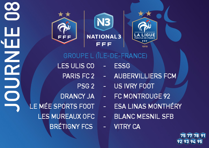 [N3] La J8⃣ des franciliens ce we en #National3👇
➡️ L'affiche : <a href="/ParisFC/">Paris FC</a> (leader) vs <a href="/FCMAuber/">FCM Aubervilliers</a> (5ème) les héros de la <a href="/coupedefrance/">Хамидов Мехродж</a> 🔥
➡️ <a href="/LesOfcm/">Ofcm les Mureaux</a> (2nd) nouveau leader dimanche ?...
➡️ ...ou pourquoi pas <a href="/LeMeeFoot/">Le Mée Sports Football</a> (3ème) 😉
#FFF