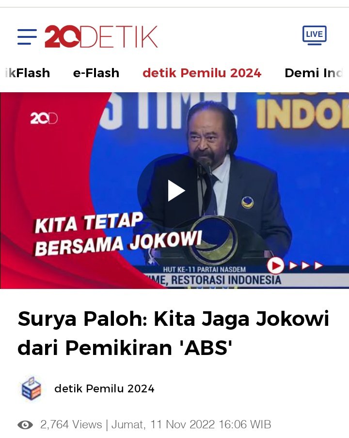 Setuju pak Bewok Surya Paloh, kita jaga Pak Jokowi dari Pemikiran ABS (Anies BaSwedan). Karena ABS ini pemikirannya licik, suka jualan SARA terutama jualan Politik identitas Agama dan sudah bukti di pilgub DKI jakarta. 

Ayo kita pilih pemimpin Asli Indonesia. 😁