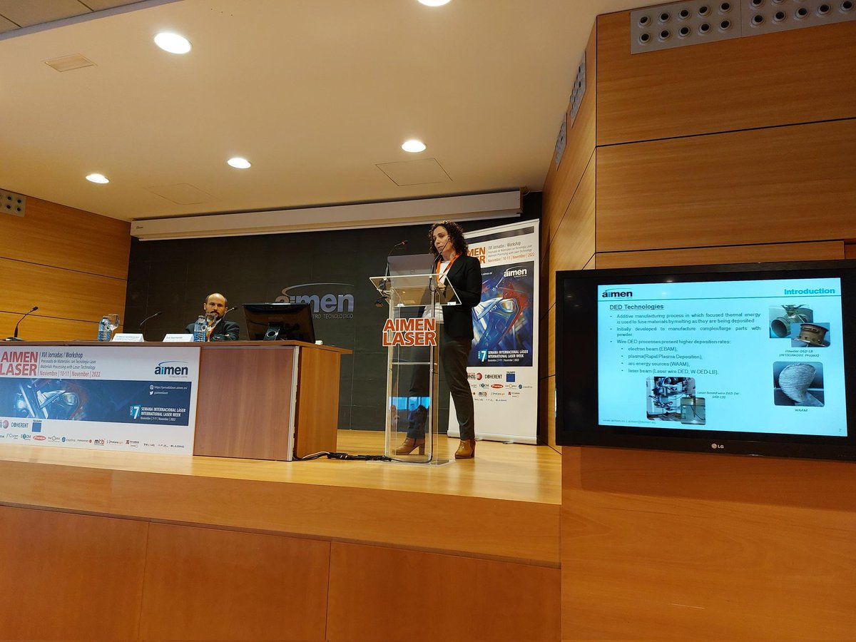 aimenlaser's tweet photo. First speaker of the 2nd part of #Session4 is our colleague Eva Vaamonde. She has talked about developments of #Addiflap, a #CleanSky2 project led by @aimenct ➡️ "Additive manufacturing of Ti6AI4V alloy by Laser Que Directed Energy Deposition process".
#aimenlaser2022 #ILW22 https://t.co/dVUNl9pUNo