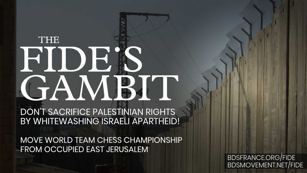 justice_mapping's tweet photo. Hey @FIDE_chess, #MakeTheRightMove! Don't sacrifice Palestinian rights.

Relocate the World Team #Chess Championship from Israeli-occupied Palestinian East Jerusalem.

There are no good moves in apartheid Israel. #Zugzwang

https://t.co/obTOwJ7L72 https://t.co/4jKmcy7vHb