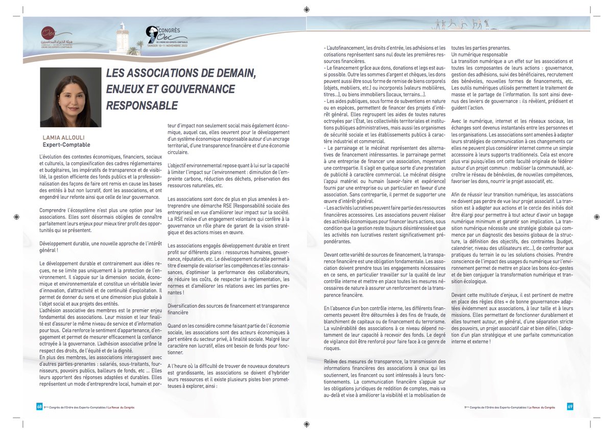 LamiaAllouli's tweet photo. Dernier article sur les enjeux des associations dans la revue du 9ème congrès de l'Ordre des Experts-comptables du Maroc
Tanger le 10 et 11 novembre 2022
#CongresordreexpertscomptablesMaroc
#Economiesocialeetsolidaire
#ESS
#Associations https://t.co/OV0BCmdKPg