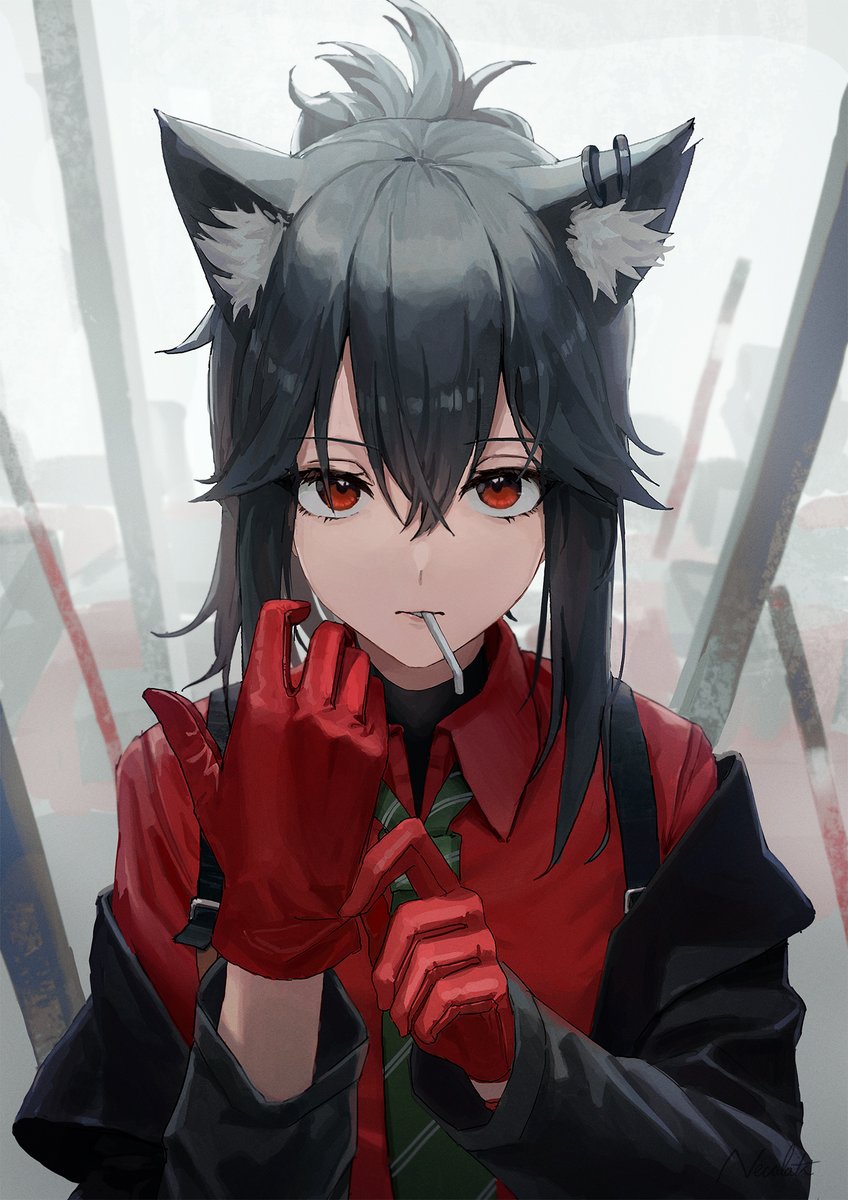 texas (arknights) 1girl gloves animal ears red gloves solo necktie black hair  illustration images