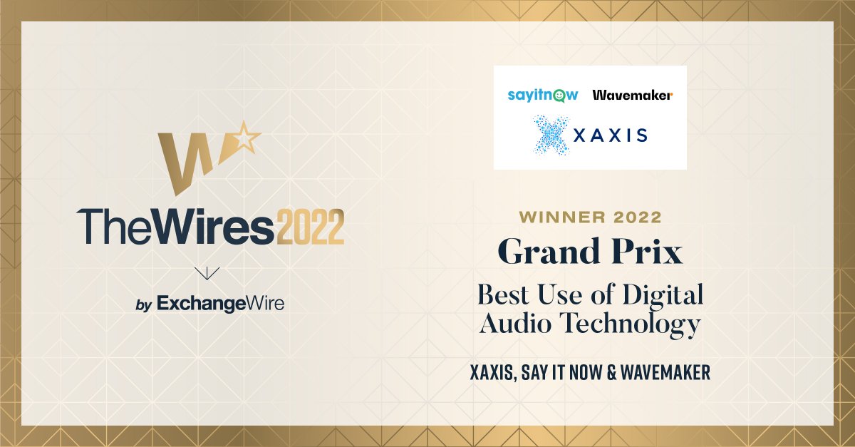 exchangewire's tweet photo. The Grand Prix goes to @XaxisTweets , @sayitnow_ai  &amp; @WavemakerGlobal for the exceptional scores they received from the judges for the Best Use of Digital Audio Technology category. Congratulations on your win. Well Done!

https://t.co/y92hOGitTP 

#TheWires2022 https://t.co/p9wRqRGtlr